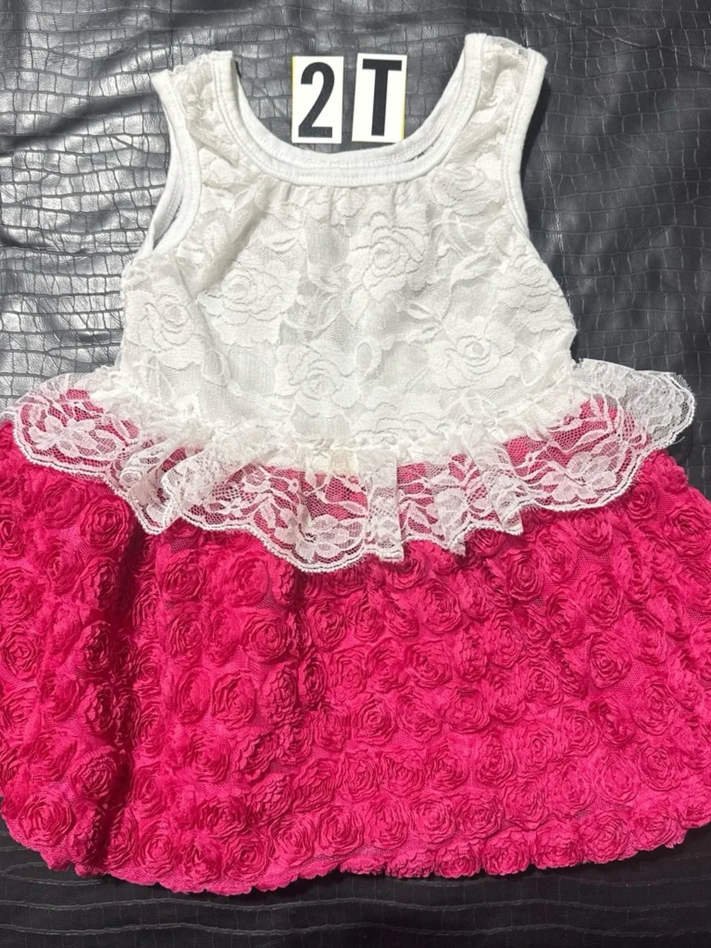 White Lace & Hot Pink Rosette Toddler Dress - 2T